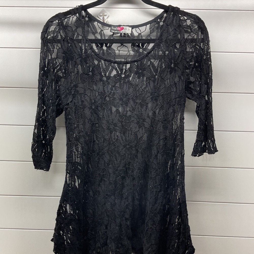 Inside Out Black Floral Sheer Lace Sharkbite Tunic Top 3/4 Sleeve USA Made M